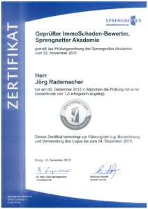 Zertifikat Geprüfter ImmoSchaden-Bewerter / SPRENGNETTER Akademie
